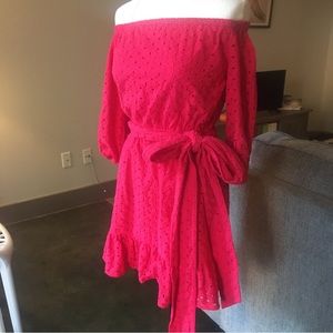 Strawberry 🍓 Eyelet off shoulder dress w/ Bow belt